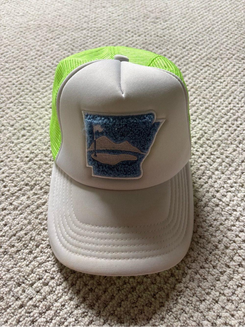 AR White Foam Front Trucker Hat with Neon Green Mesh